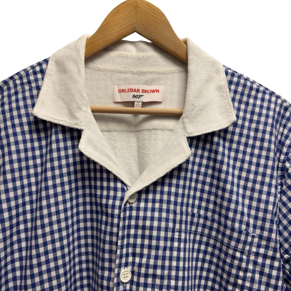Orlebar Brown Men's XXL Blue/White Gingham Check Terry Cloth Button Front Shirt